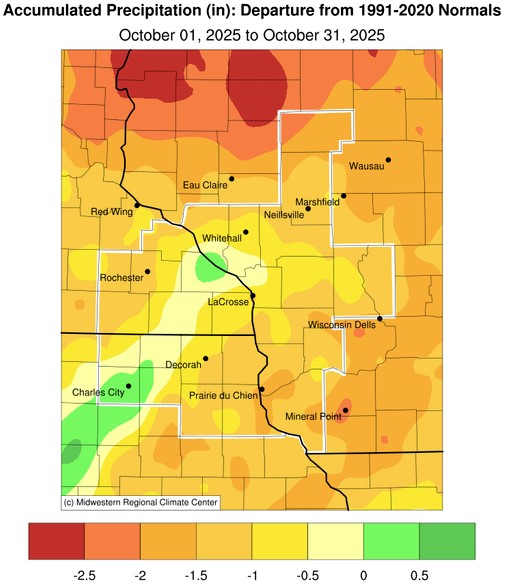 A map displaying October 2025 precipitation anomalies, and tables showing the wettest and driest precipitation totals across northeast Iowa, southeast Minnesota, and western Wisconsin.