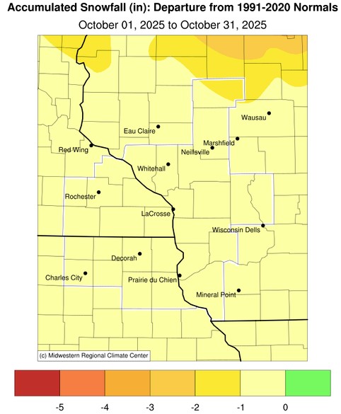 A map displaying October 2025 snowfall anomalies, and tables showing the wettest and driest precipitation totals across northeast Iowa, southeast Minnesota, and western Wisconsin.