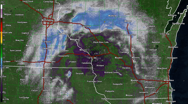Radar image of snow moving in and out of the area