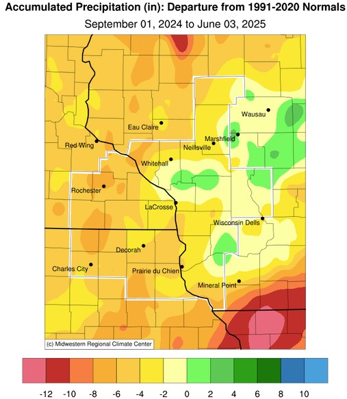 Precipitation Departures from September 1, 2024 through June 3, 2025.