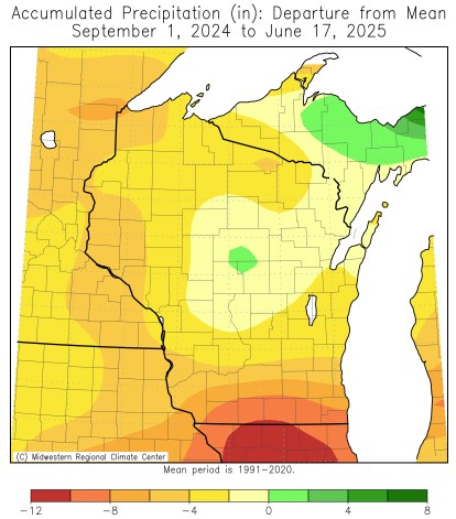 Precipitation Departures from September 1, 2024 through June 19, 2025.