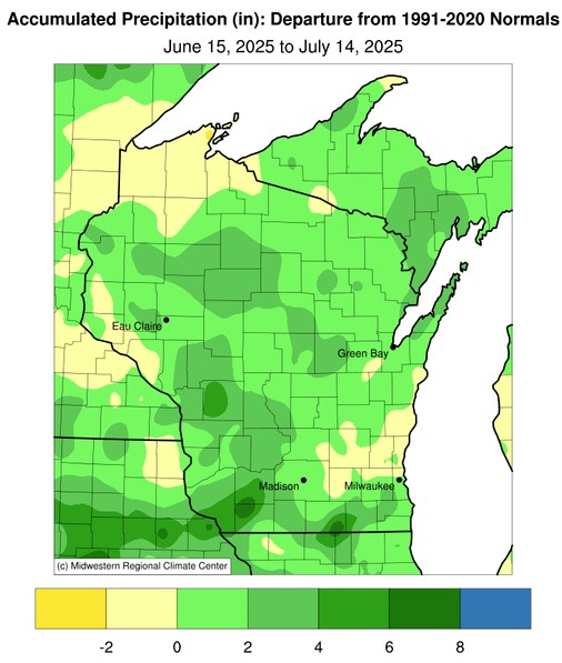 Precipitation Departures from June 15, 2024 through July 14, 2025.
