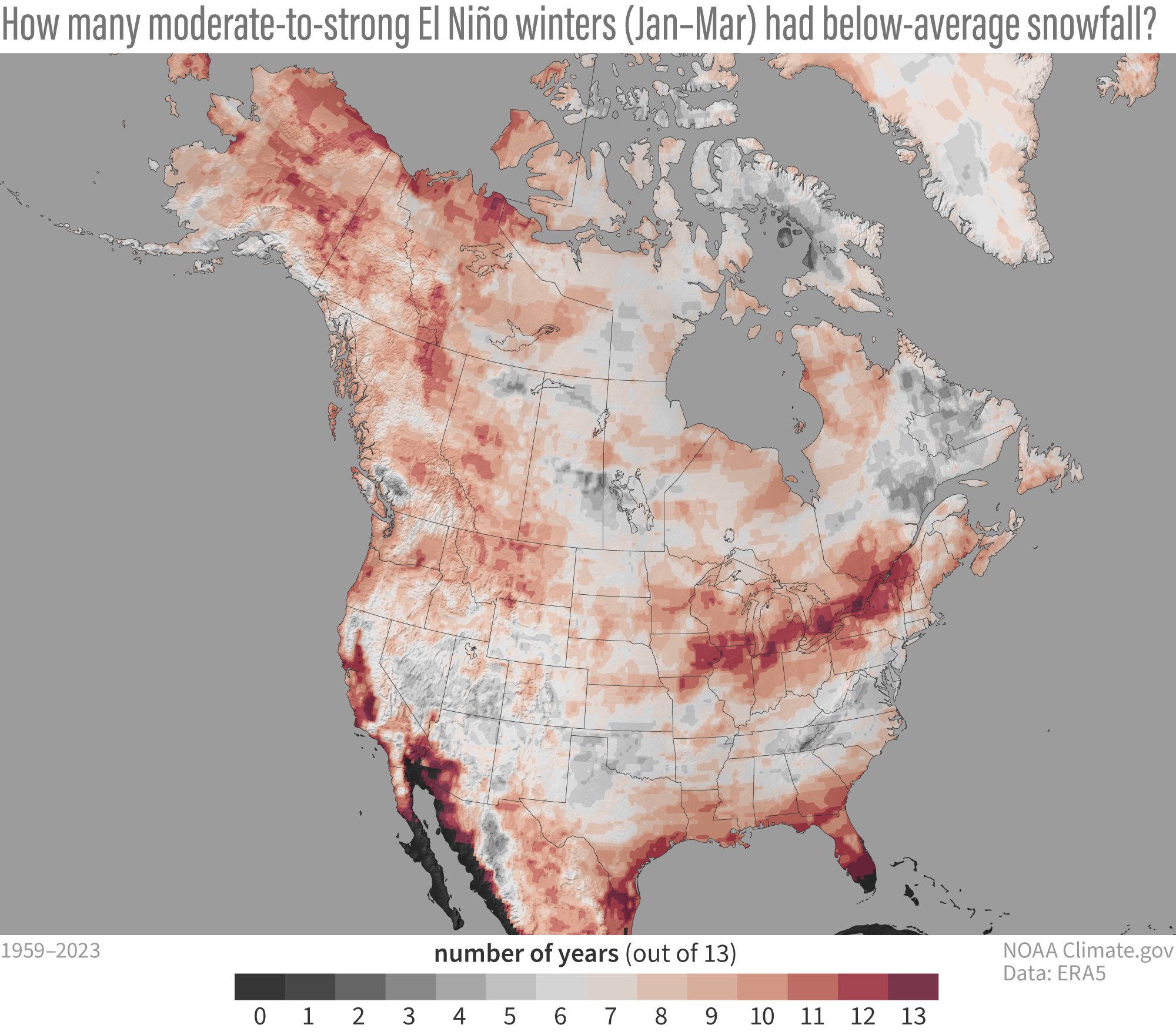 How many moderate-to-strong El Nino winters (Jan-Mar) had below normal snowfall?