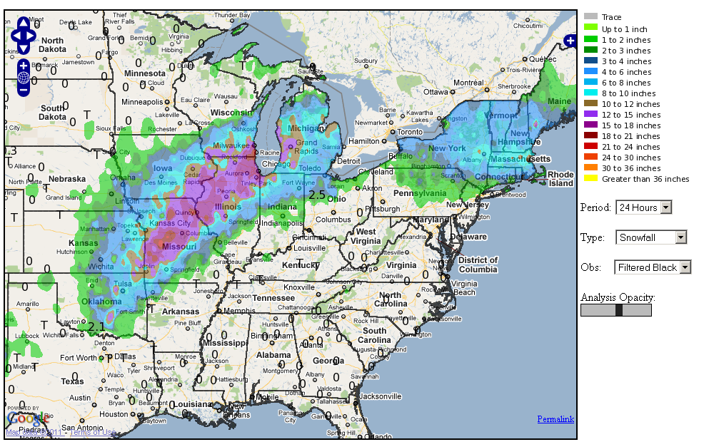 February 2 2011 U.S. Snowfall Map