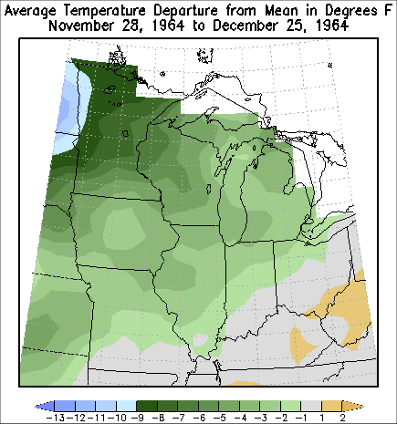 Average Temperature Departure from November 28 through December 25, 1964