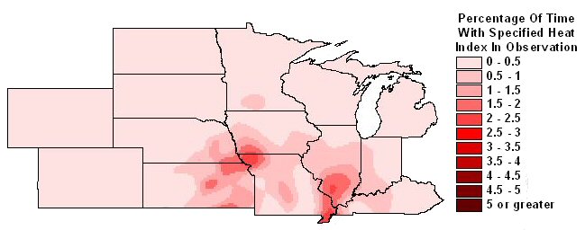 Percentage of observations with 105 degree heat indices