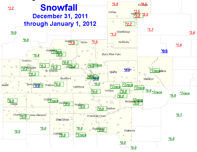 Local Snowfall Totals from the evening of December 31, 2011 through the early morning ofJanuary 1, 2012