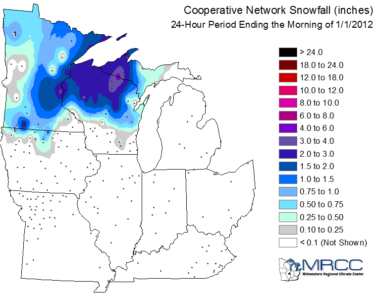 Regional Snowfall from December 31, 2011 through January 1, 2012