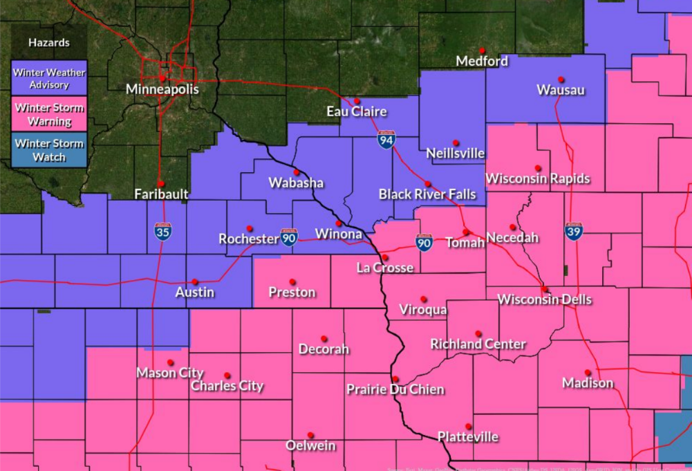 Map highlighting the warnings and advisories across the local area.