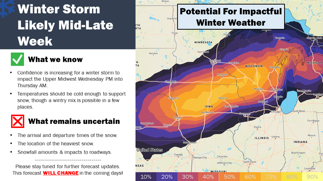 storm outlook with from Jan 16th showing high potential for 4 or more inches from Iowa into central Wisconsin