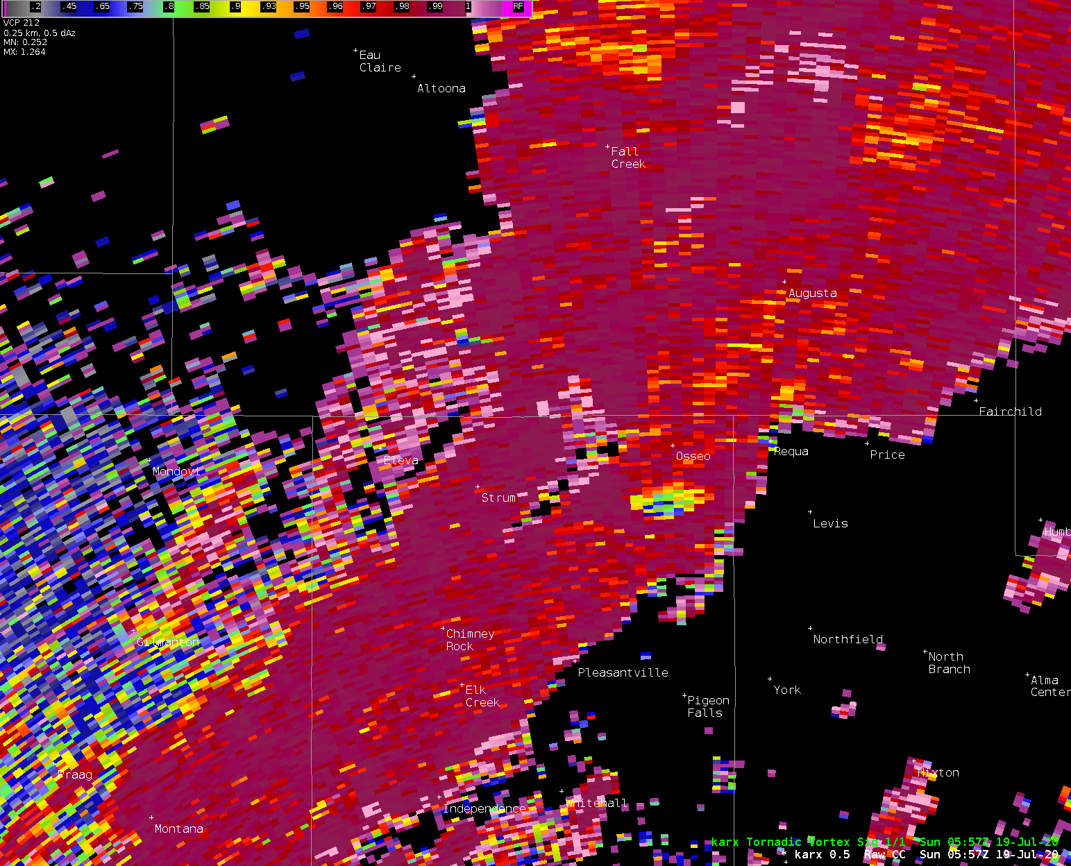 Correlation Coefficient dropout associated with tornadic debris