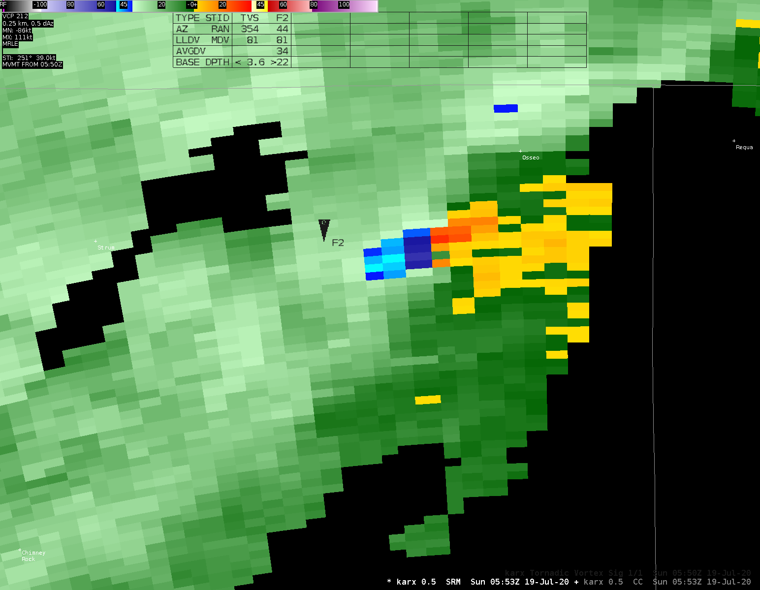 storm relative velocity of Osseo tornado