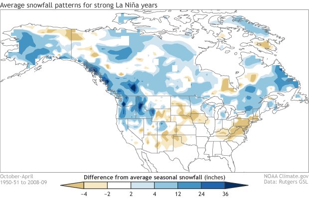 Snowfall departure from average for stronger La Niña winters (1950-2009). Blue shading shows where snowfall is greater than average and brown shows where snowfall is less than average. Climate.gov figure based on analysis at CPC using Rutgers gridded snow data. 