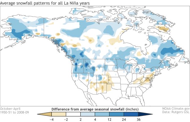 Snowfall departure from average for all La Niña winters (1950-2009). Blue shading shows where snowfall is greater than average and brown shows where snowfall is less than average. Climate.gov figure based on analysis at CPC using Rutgers gridded snow data. 