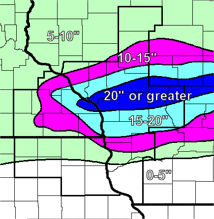 Snowfall totals map for March 12-14, 1997