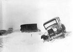 Cars on and off the road during Armistice Day blizzard   Source:  Minnesota Historical Society