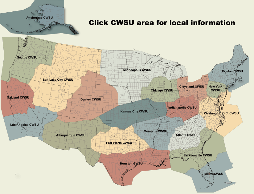 map showing center Weather service units with links to local offices.