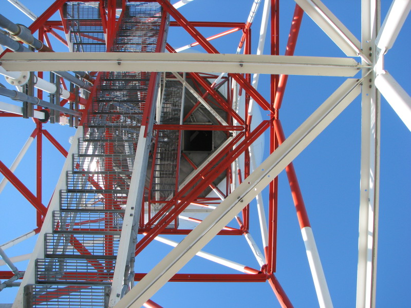 View of from the bottom of the radar tower to the base of the radar dome.