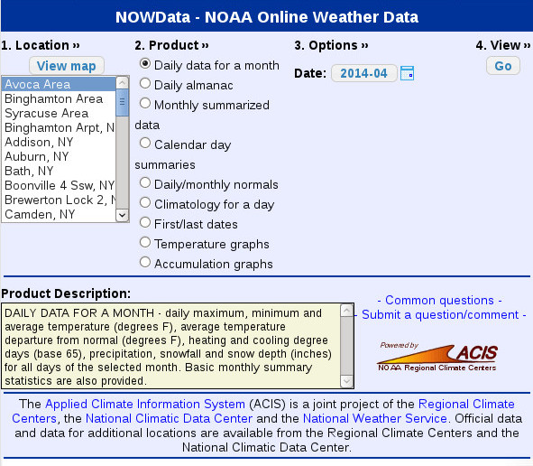 NWS Binghamton NOWData main menu.