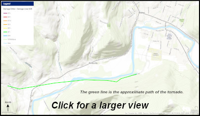 The green line is the approximate path of the tornado. Click for a larger view.