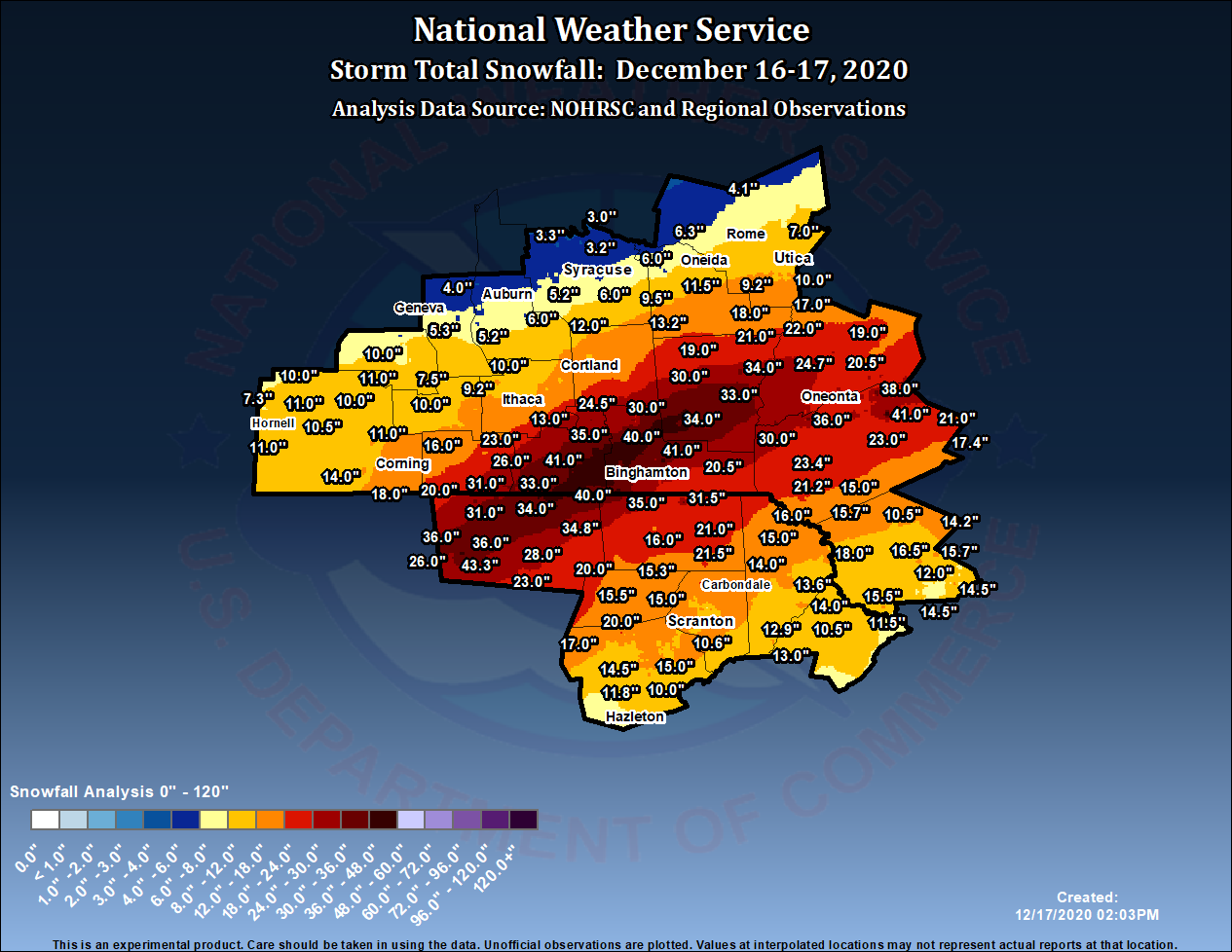 Map showing snowfall amounts across parts of NY and PA