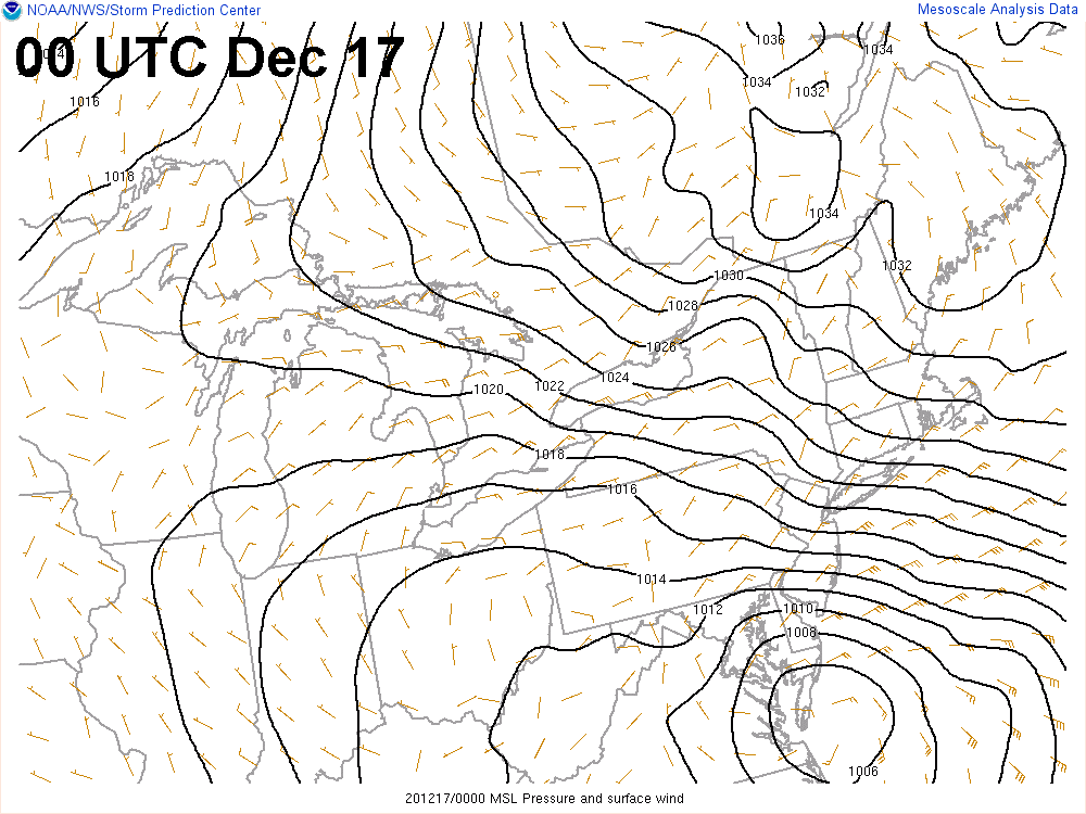 Map showing surface pressure and wind pattern
