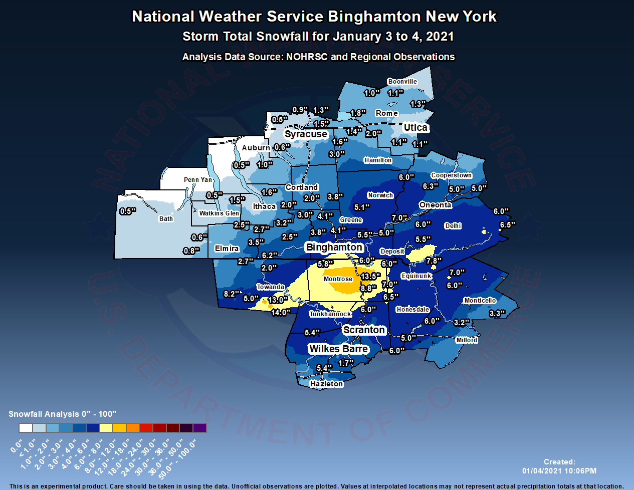 Map showing snowfall amounts across parts of central New York and northeast Pennsylvania.
