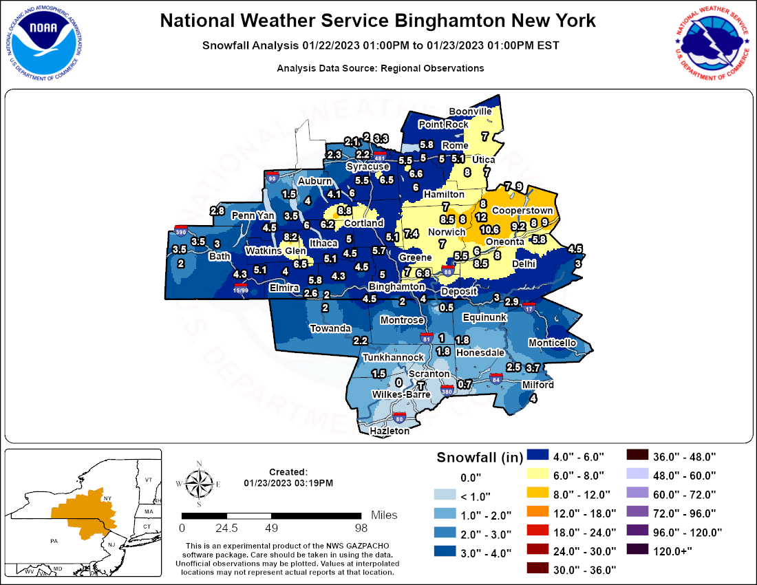 Map showing snowfall amounts across parts of NY and PA. Click on image for a larger view.