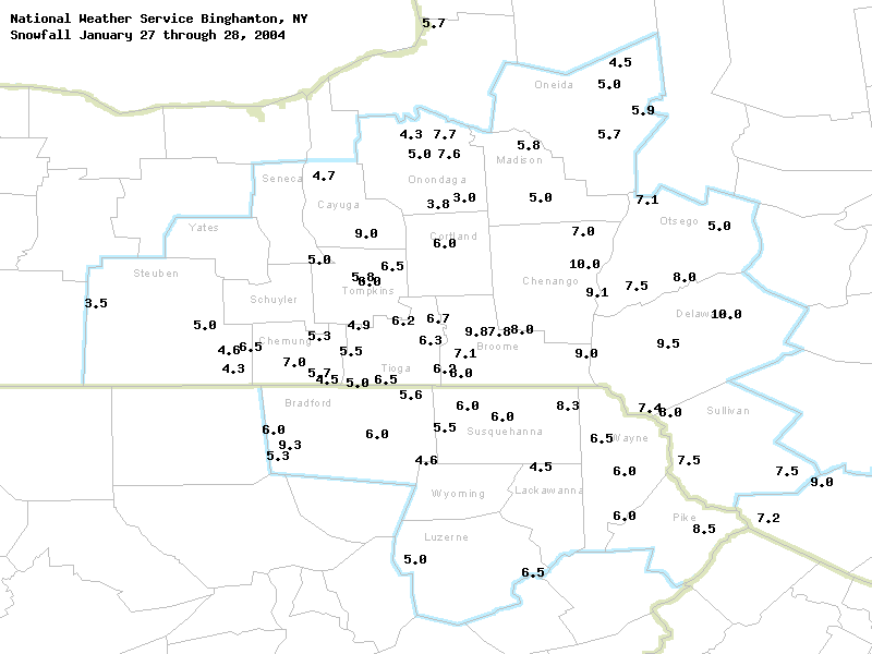 Storm Total Snowfall for January 27 to 28, 2004