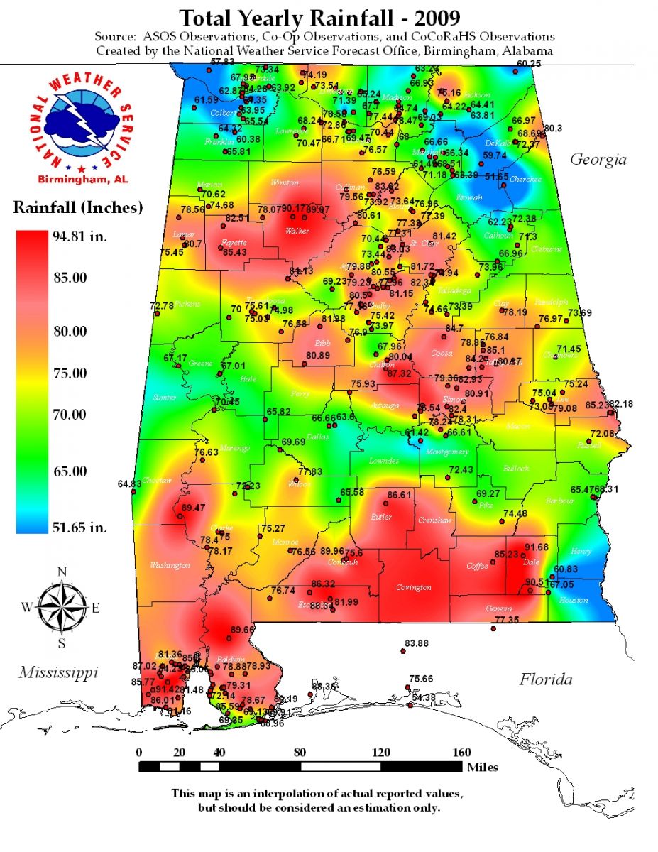 Alabama 2009 Annual Rainfall Map