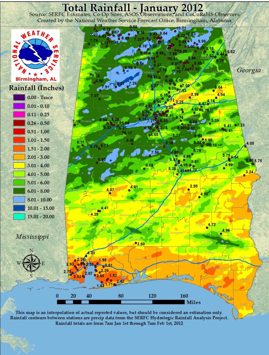 Monthly Rainfall Totals for Alabama - January 2012