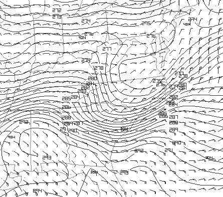 Analysis of 1000 mb Eta potential<br> temperature/wind field valid at 00 UTC, March 17th.