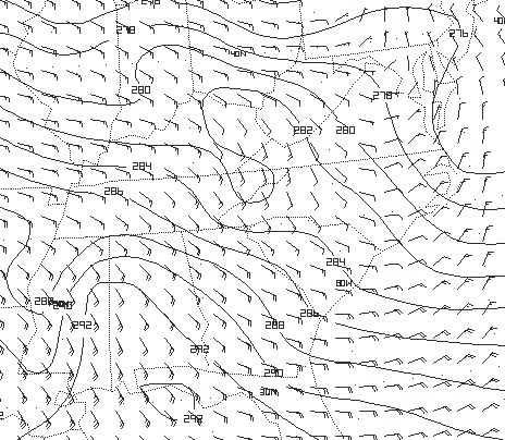 48hr forecast of 1000 mb NGM potential<br> temperature/wind field valid at 00 UTC, March 17th.