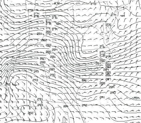 Analysis of 1000 mb NGM potential<br> temperature/wind field valid at 00 UTC, March 17th.