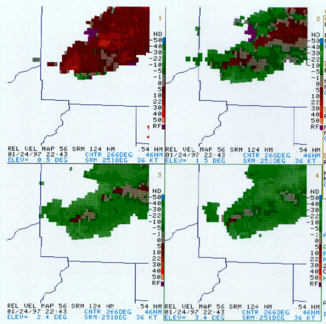 The V<sub>r</sub> increased between 2238Z and 2243Z.  V<sub>r</sub> was now 31 kts at both 0.5 and 1.5 deg, but there was no longer a mesocyclone detected by the algorithm.  This still was classified as a minimal mesocyclone at 2242Z.