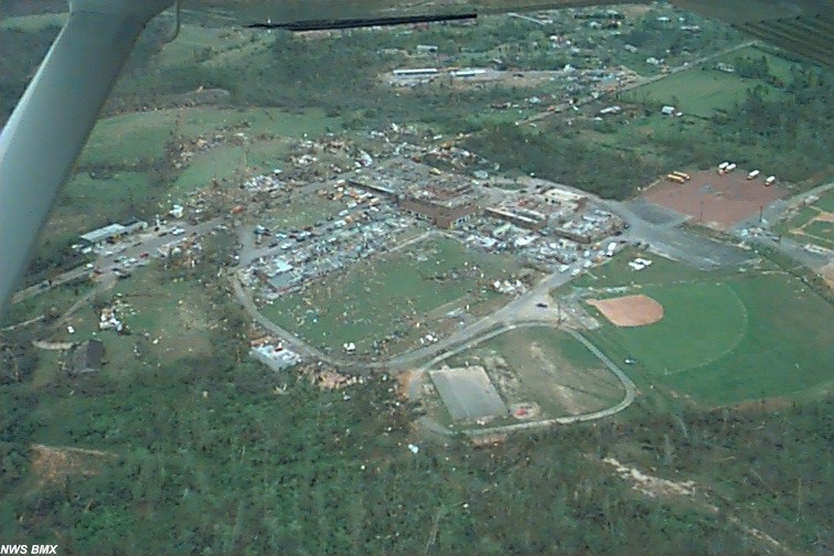 Tornado damage shown from above of the Oak Grove High School.