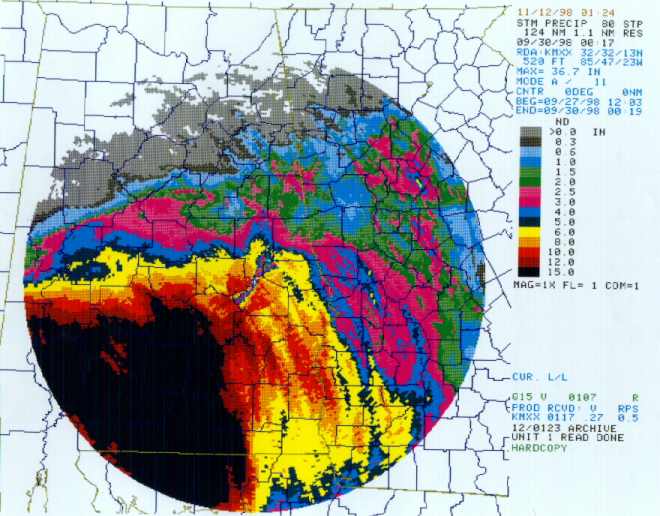 KMMX, East Central Alabama radar site just east of Montgomery, Storm Total Precipitation.  Begining 9/27/98 1203 UTC to 9/30/98 0019 UTC.