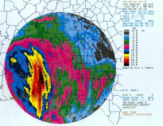 Fort Rucker Radar site, Storm Total Precipitation.            Begining 9/27/98 0513 UTC to 9/30/98 1816 UTC.