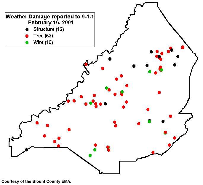 Damage locations across Blount County for 12/16/2001. Click for a large image.
