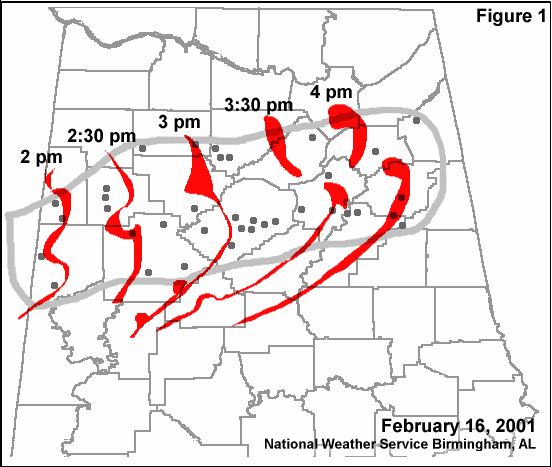 Figure 1 shows the strongest radar echoes, in red, at the indicated times.  The gray outlines the area where most of the damage occurred, while the gray dots indicate specific locations of known damage reports. Click for a large image.
