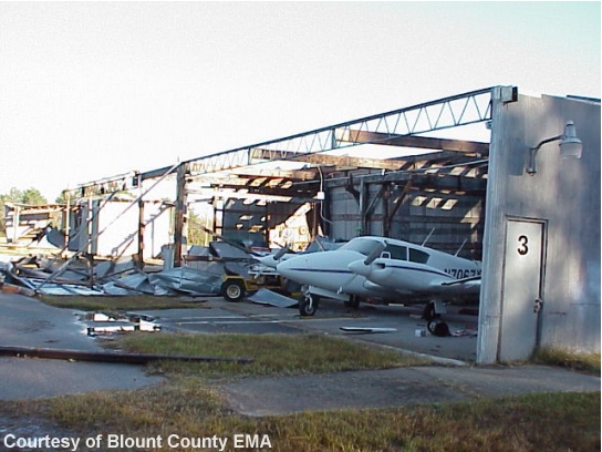 Robbins Field, Oneonta.  Hangars were the last structures damaged in Blount County. Click for a larger image!