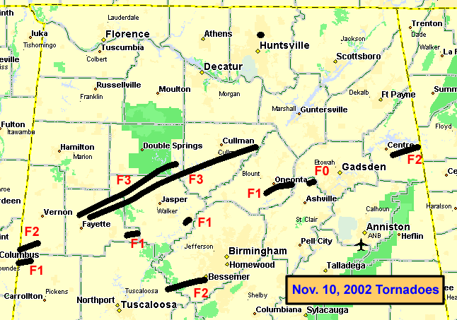 Map of November 10, 2002, Tornado Outbreak