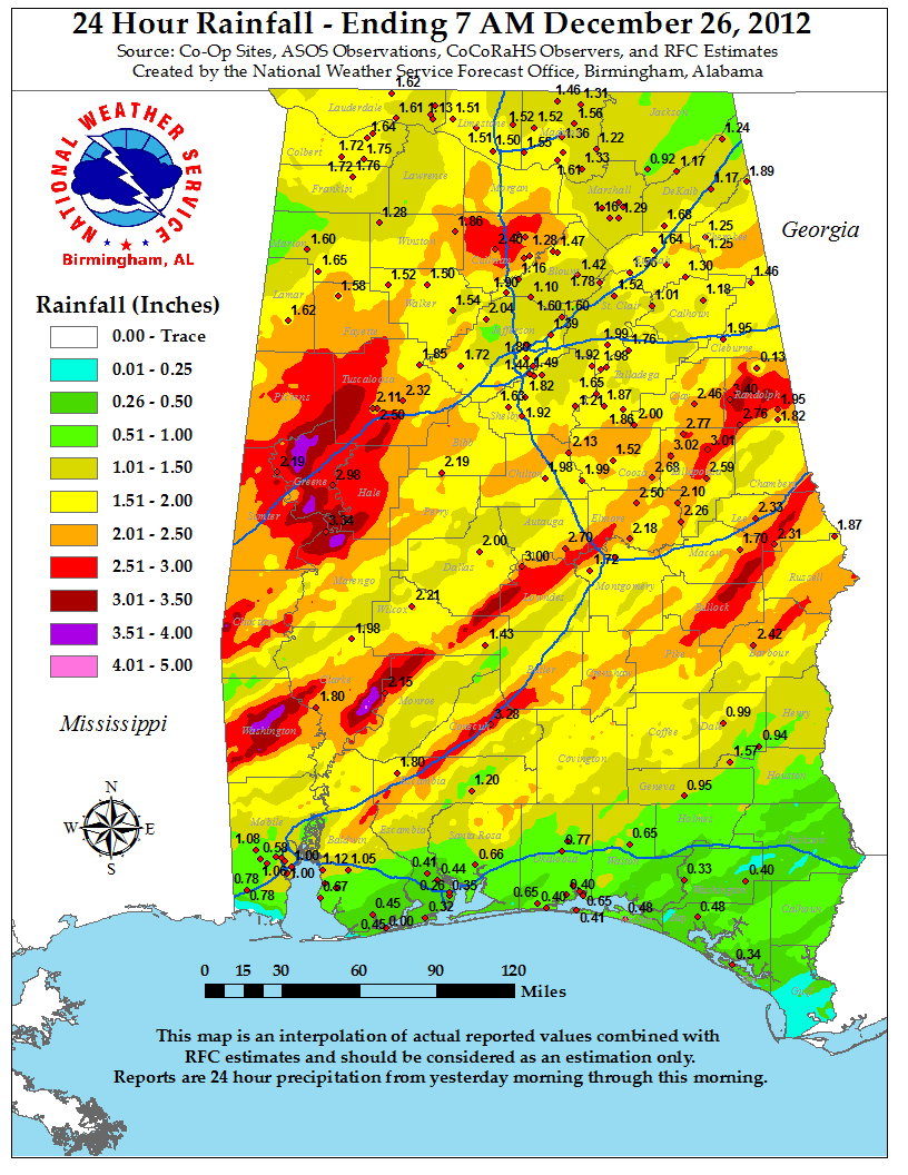Rainfall totals for Alabama on Christmas Day