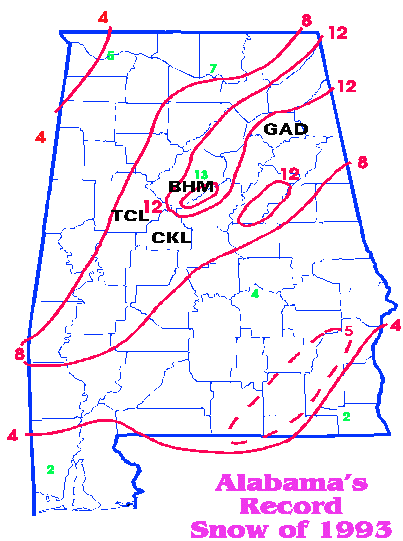 Storm snowfall totals for 12-13 March 1993.  Locations of affected cities Birmingham (BHM), Tuscaloosa (TCL), and Gadsden (GAD), as well as Centreville (CKL) sounding site, are indicated.