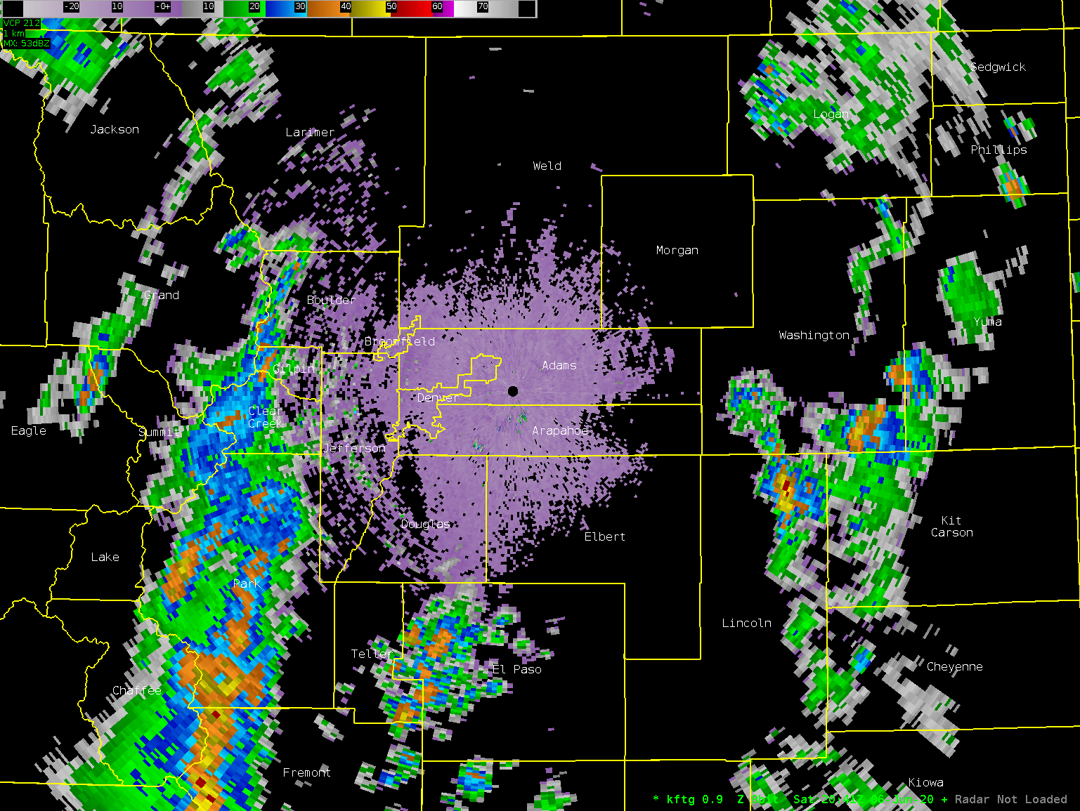 Radar loop of line of storms moving out of the foothills and across the plains.