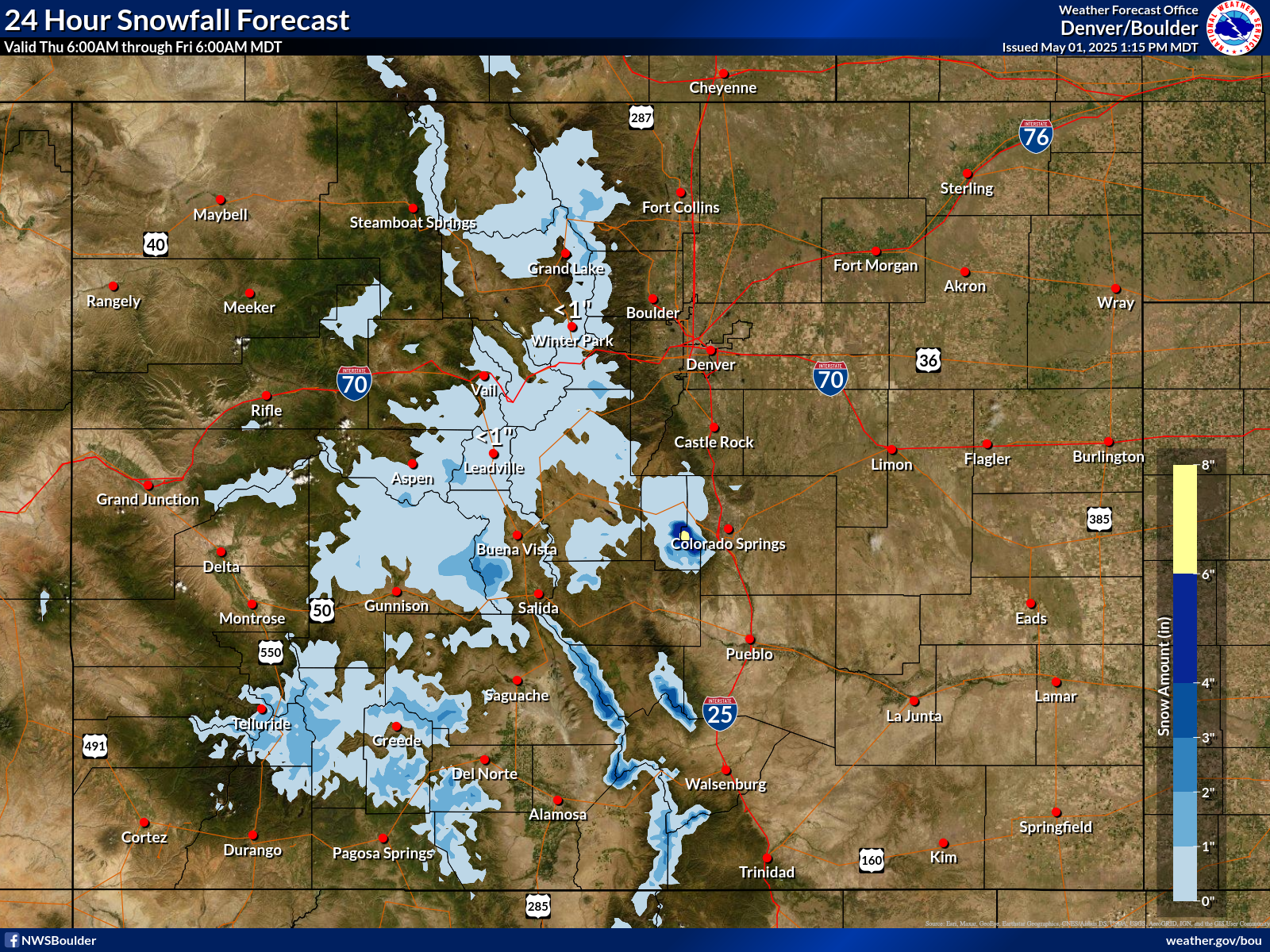 Map of expected snowfall accumulation in Colorado