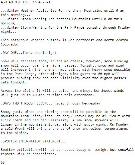 Example text from a Hazardous Weather Outlook