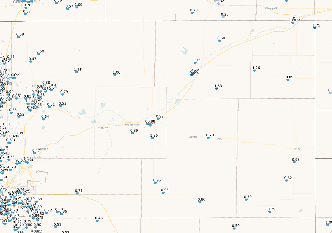 Precipitation Totals June 8-9 2020. Source: CoCoRaHS.org