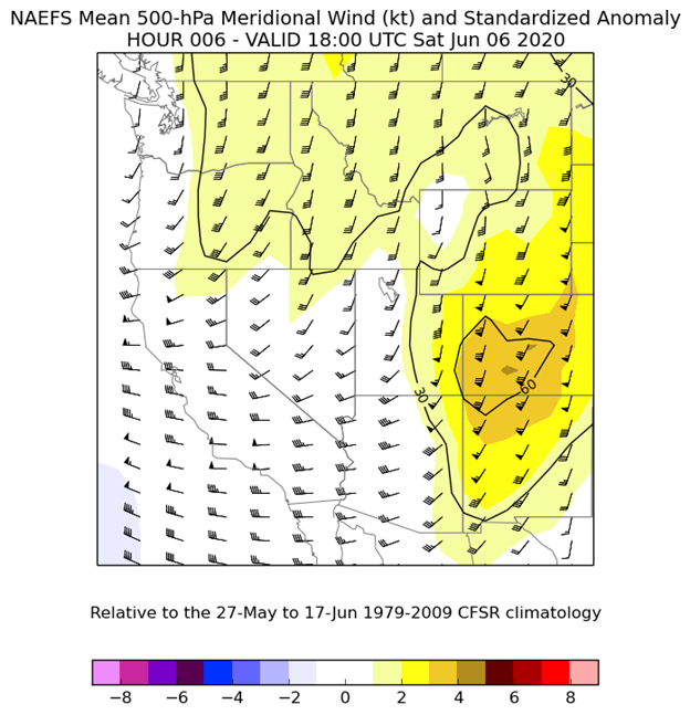 500 MB Wind Speed Anomalies valid 1800 UTC 06/06/2020. 3-5 Standard Deviations above normal over Colorado.