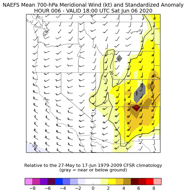 700 mb Wind Speed Anomalies valide 1800 UTC 06/06/2020 3-5 Standard Deviations above normal over Colorado.